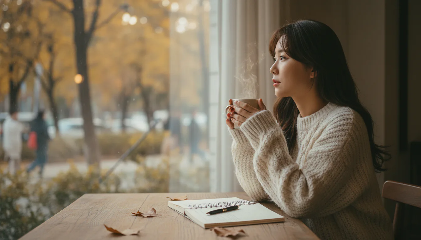 "AI 모델컷 프롬프트 - 자연광 카페 다큐멘터리 스타일 예시"