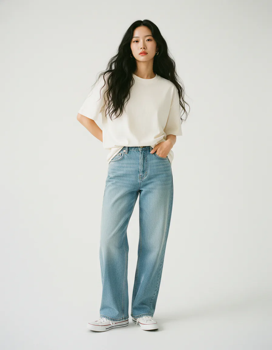 캐주얼 데일리룩 AI 패션 에디토리얼 이미지 - 오버사이즈 크림 티셔츠와 와이드레그 데님
