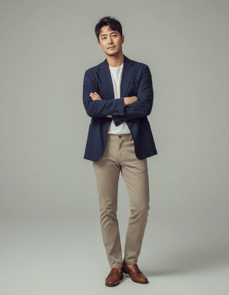 남성 세미캐주얼 재킷 룩 AI 패션 에디토리얼 이미지 - 네이비 블레이저와 베이지 치노
