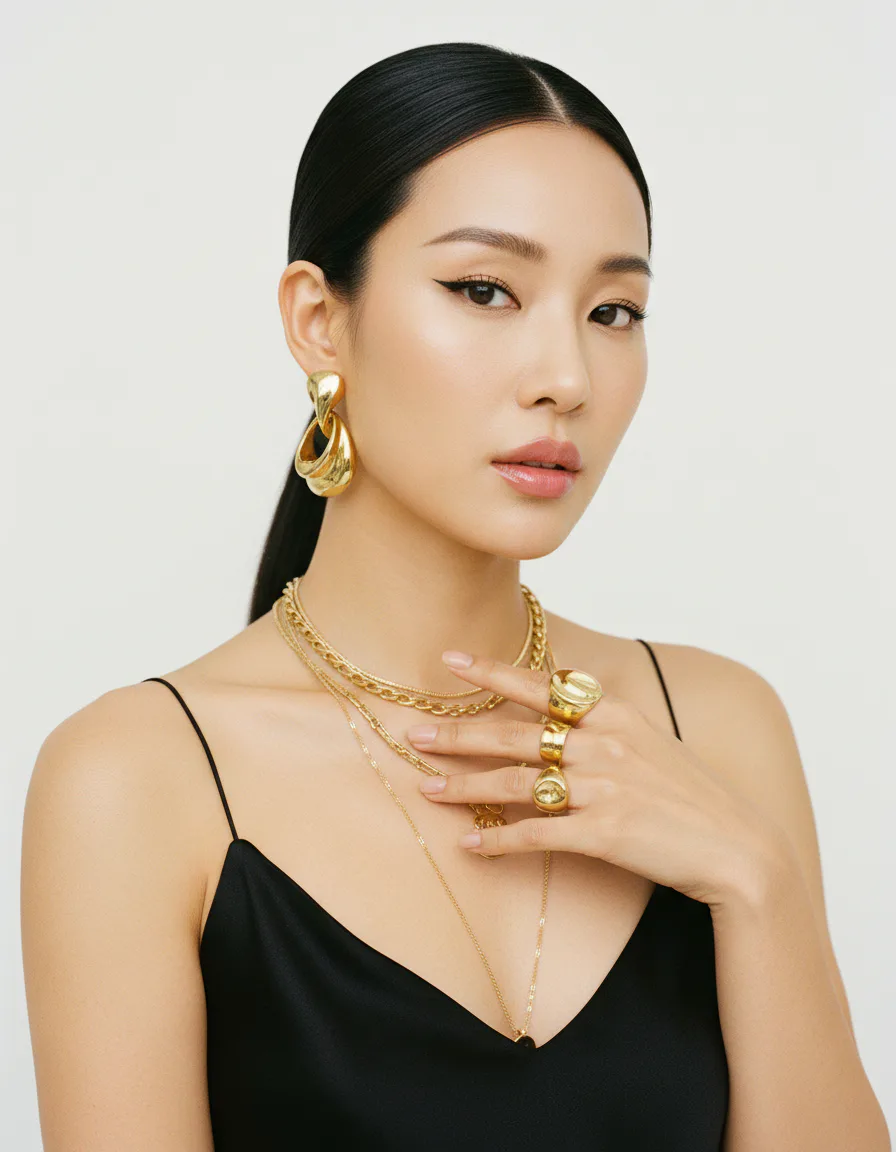 주얼리 착용컷 AI 에디토리얼 이미지 - 골드 스테이트먼트 이어링과 레이어드 네크리스