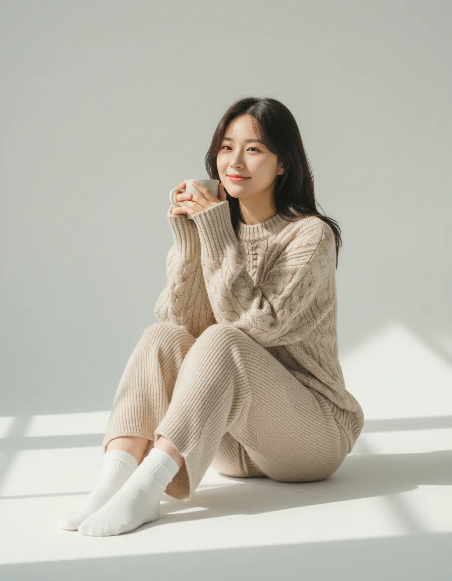 니트 홈웨어 AI 에디토리얼 이미지 - 오트밀 케이블 니트 스웨터와 세라믹 머그