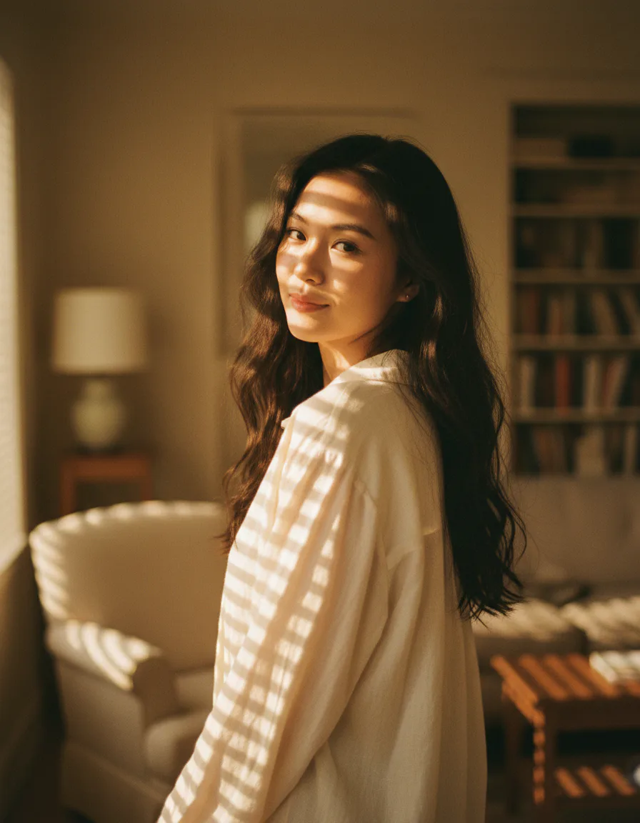 베네치안 블라인드 줄무늬 그림자가 드리워진 골든아워 감성의 AI 인물 사진