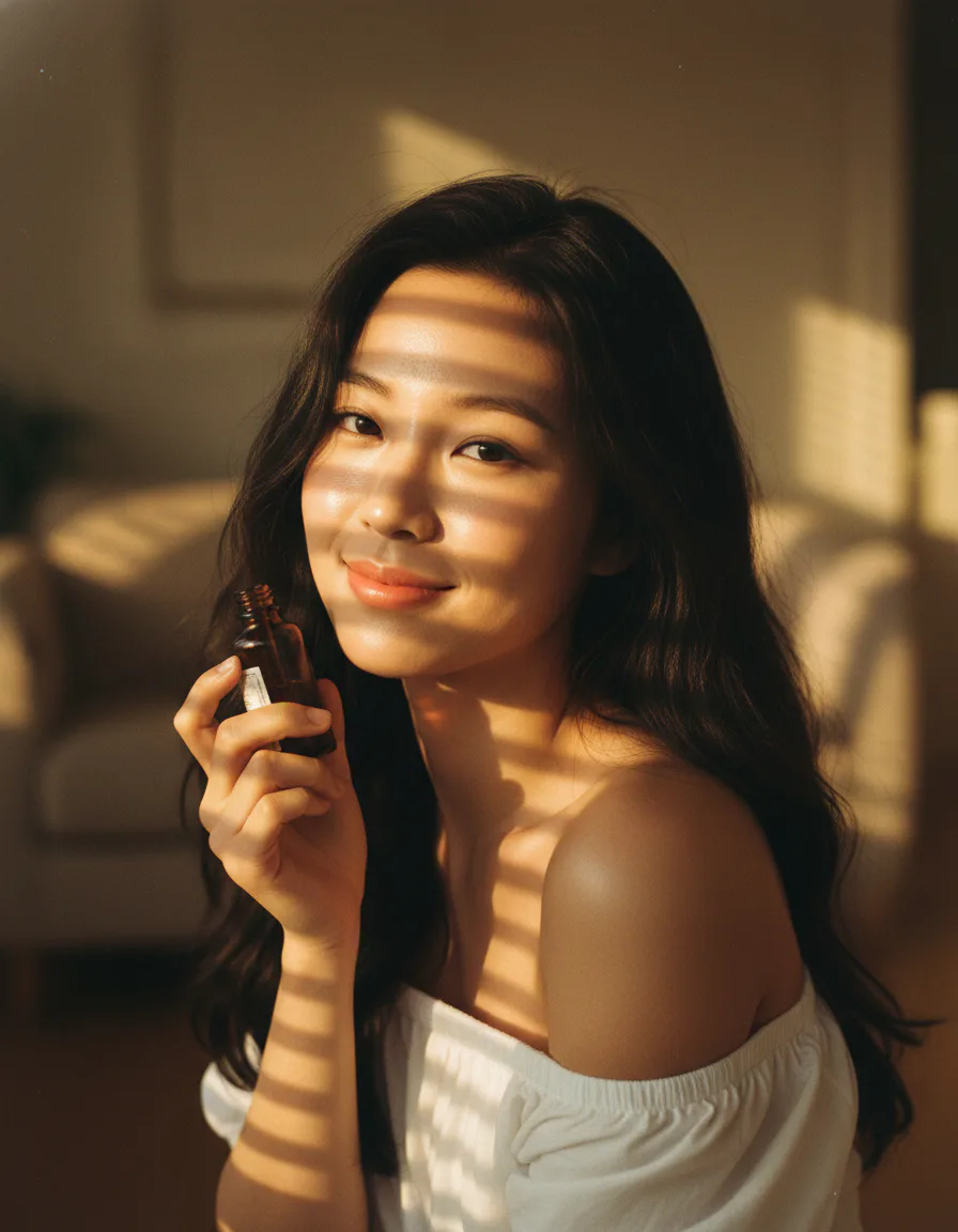 뷰티 브랜드 자연광 스킨케어 감성컷 - 블라인드 줄무늬 그림자와 골든아워 AI 이미지