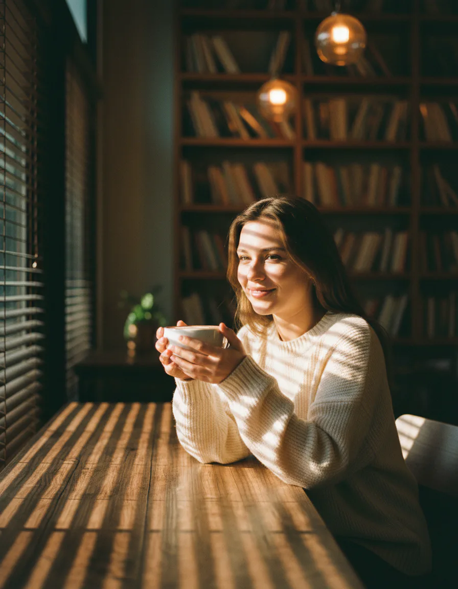 카페 창가 골든아워 라이프스타일 AI 이미지 - 블라인드 줄무늬와 니트 스웨터