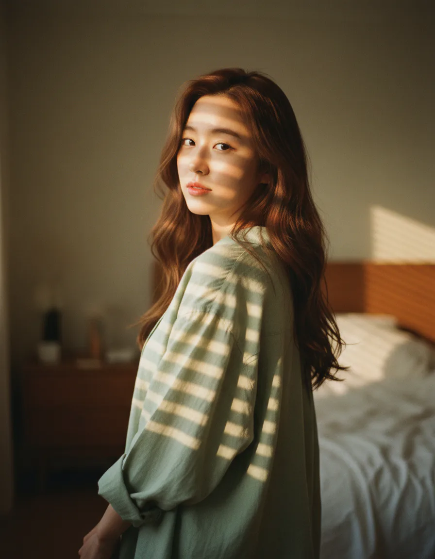 의류 쇼핑몰 린넨 블라우스 라이프스타일 AI 이미지 - 베네치안 블라인드 사이드라이트