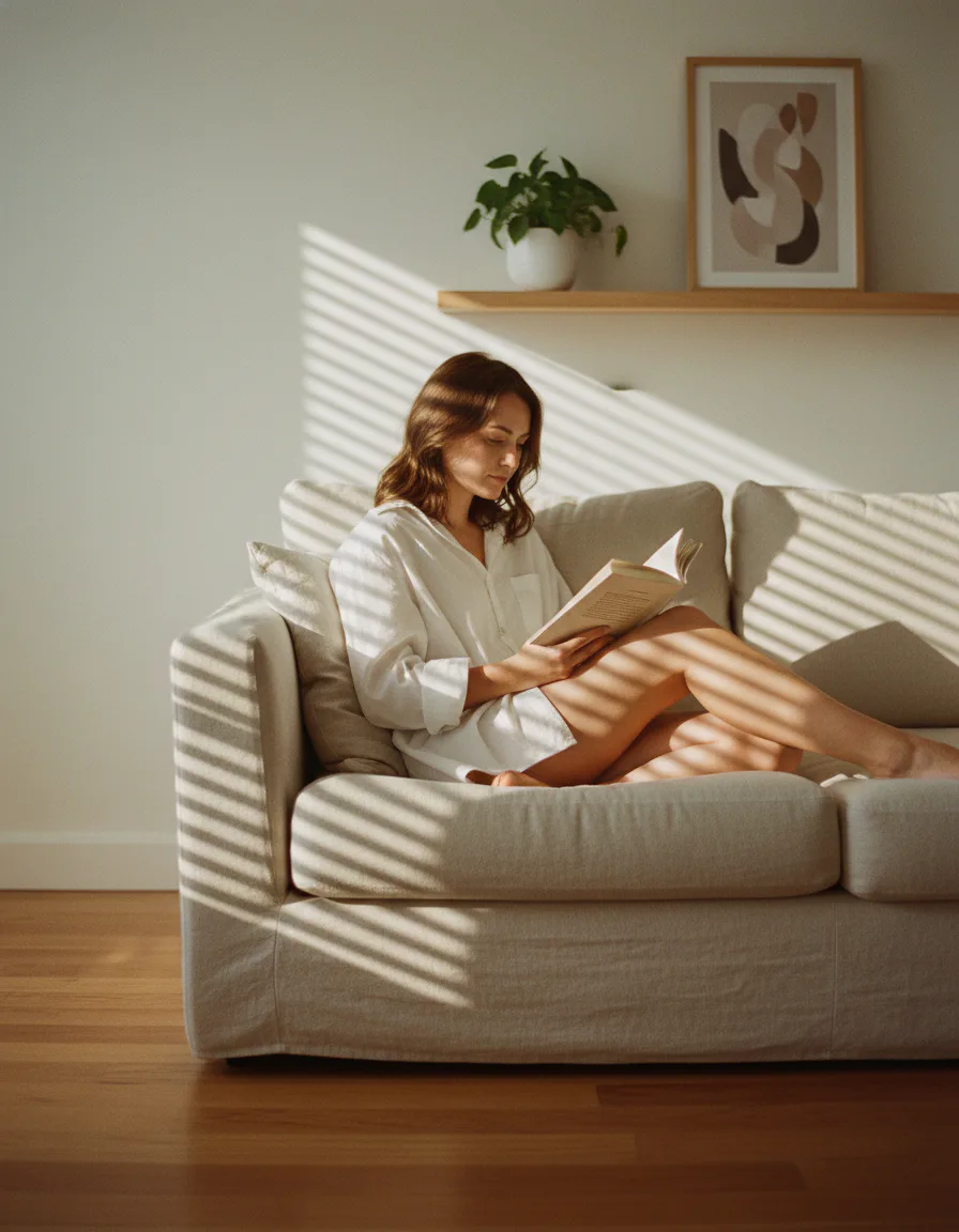 블라인드 사이로 스며든 빛 – 골든아워 줄무늬 그림자 AI 인물 사진 프롬프트 템플릿