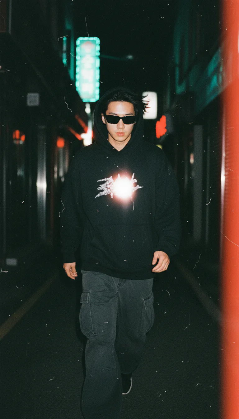 네온 골목에서 오버사이즈 후디를 입은 남성의 야간 스트리트 스냅