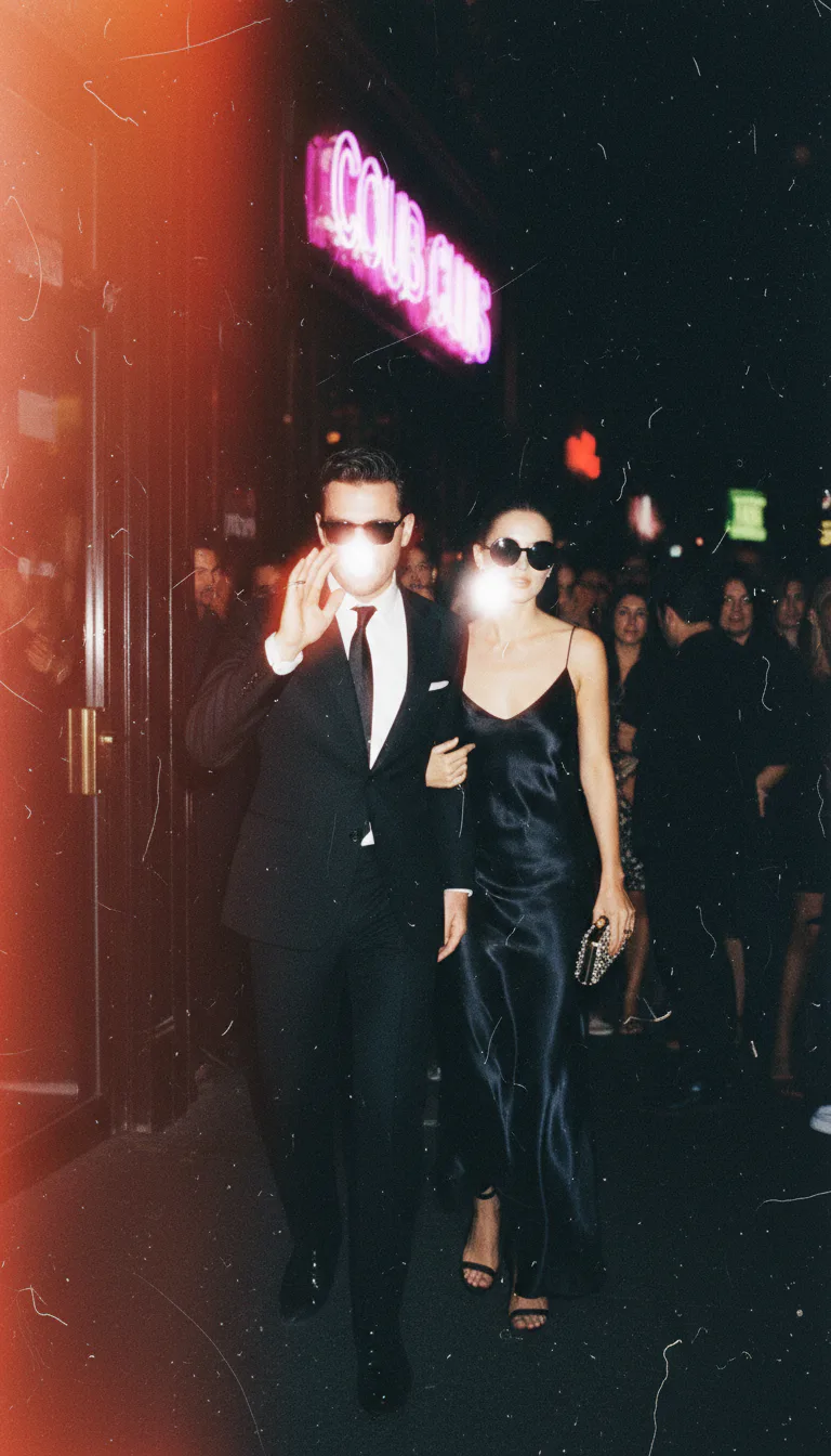 클럽 입구에서 포착된 커플의 나이트아웃 스냅 - 네온 보케와 플래시 오버노출