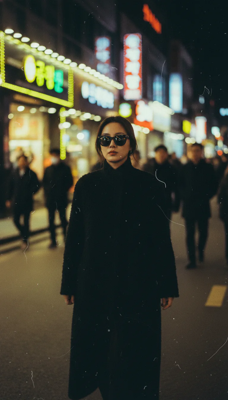 블랙 울 오버코트를 입은 여성의 야간 거리 - Yashica T4 콤팩트 카메라 룩