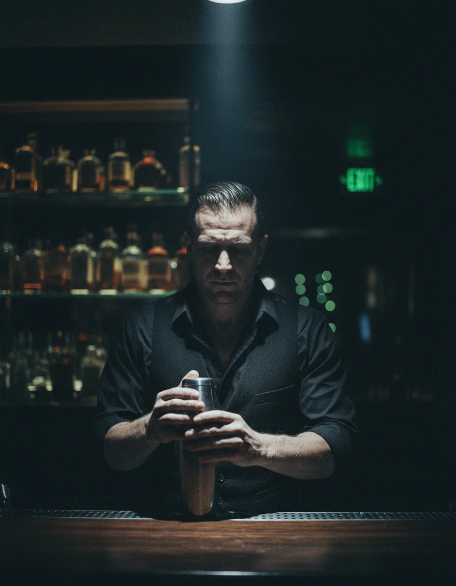 바 라운지 바텐더 무드 AI 이미지 - 필름누아르 키아로스쿠로 조명