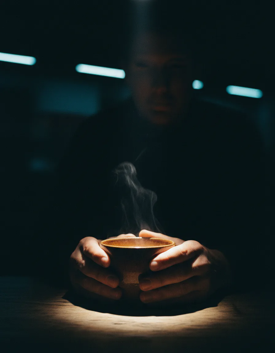 감성 카페 메뉴 무드 포토 AI 이미지 - 키아로스쿠로 탑라이트와 커피 수증기