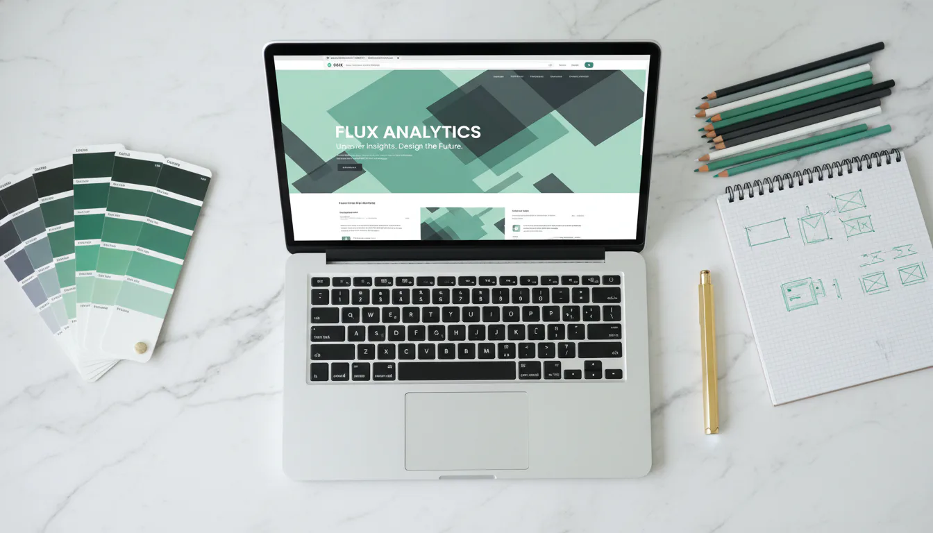 디자인 도구와 함께 촬영한 민트-차콜 톤 SaaS 랜딩페이지