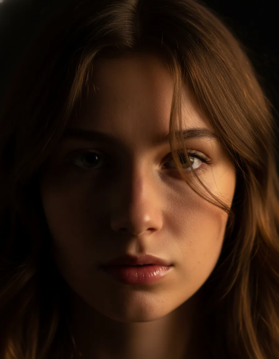 드라마틱 사이드라이트로 촬영한 뷰티 클로즈업 AI 이미지 - 골든 앰버 톤의 하드 라이팅
