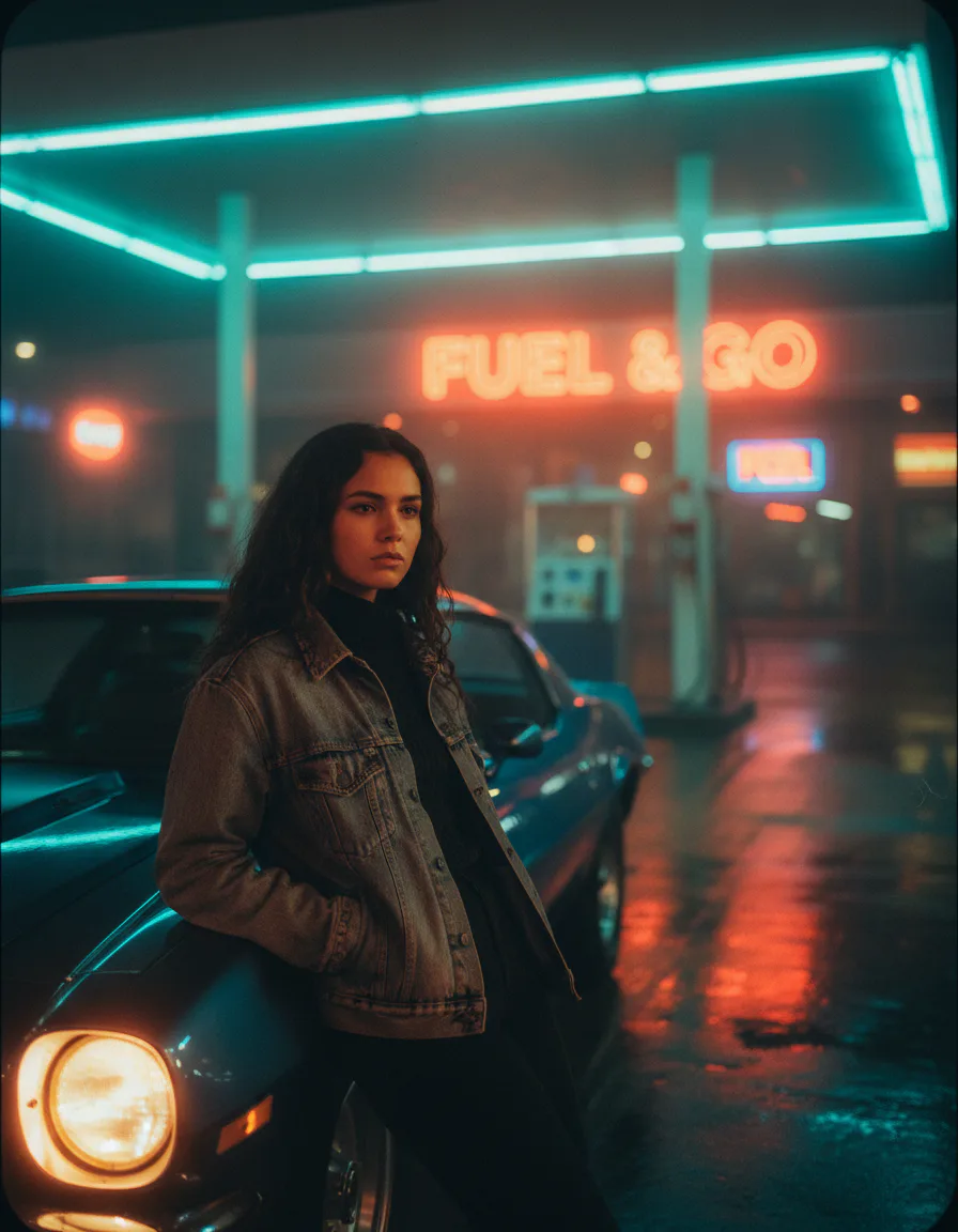 레트로 주유소 야경 AI 이미지 프롬프트 – 필름 감성 브랜드 무드 가이드