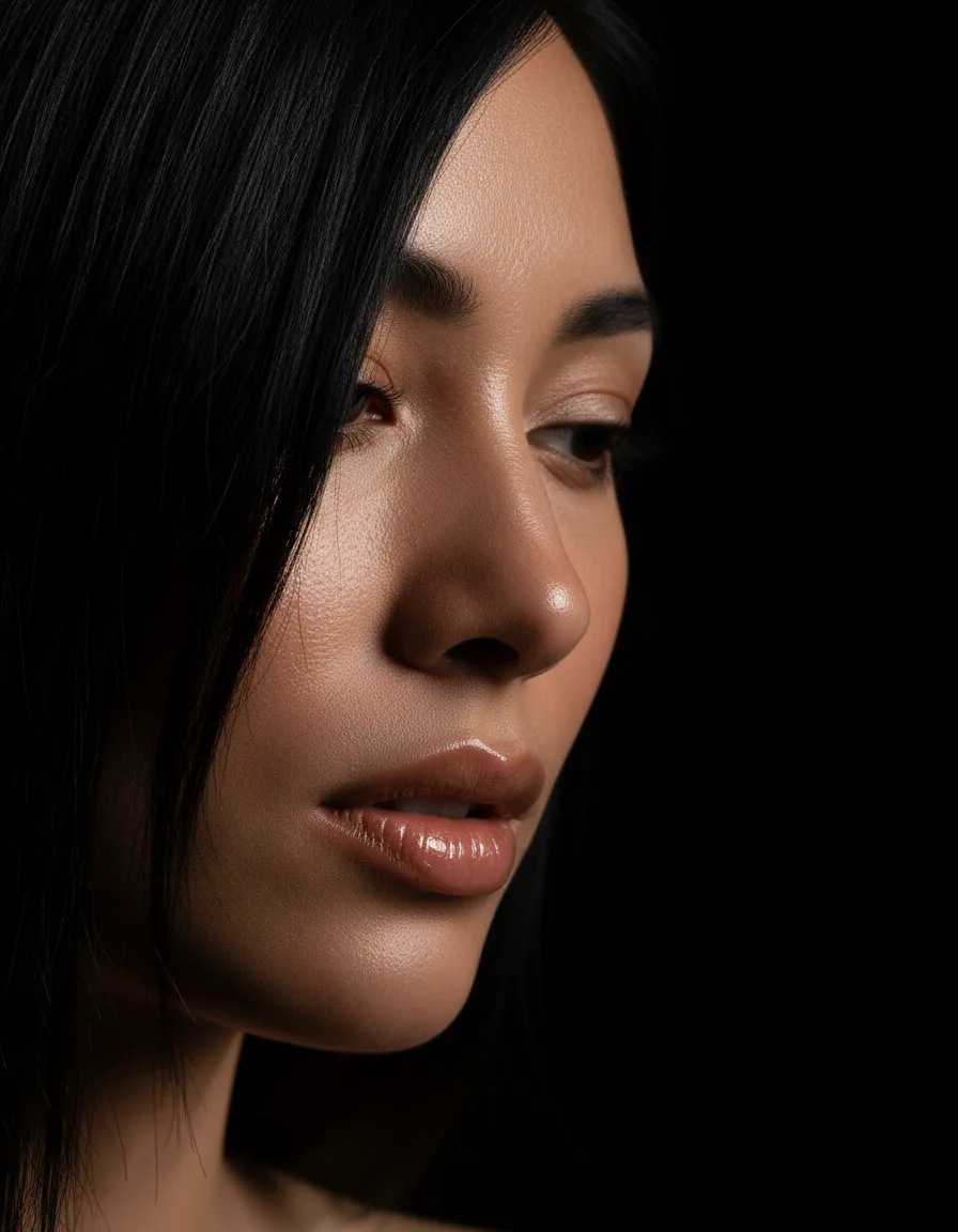 렘브란트 라이팅으로 촬영한 3/4 뷰 뷰티 클로즈업 AI 이미지