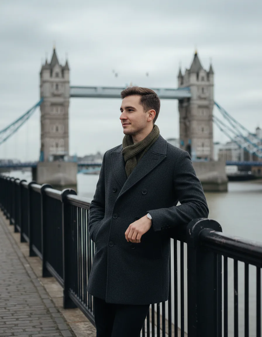 런던 타워브리지 배경의 남성 더블브레스트 코트 모델컷