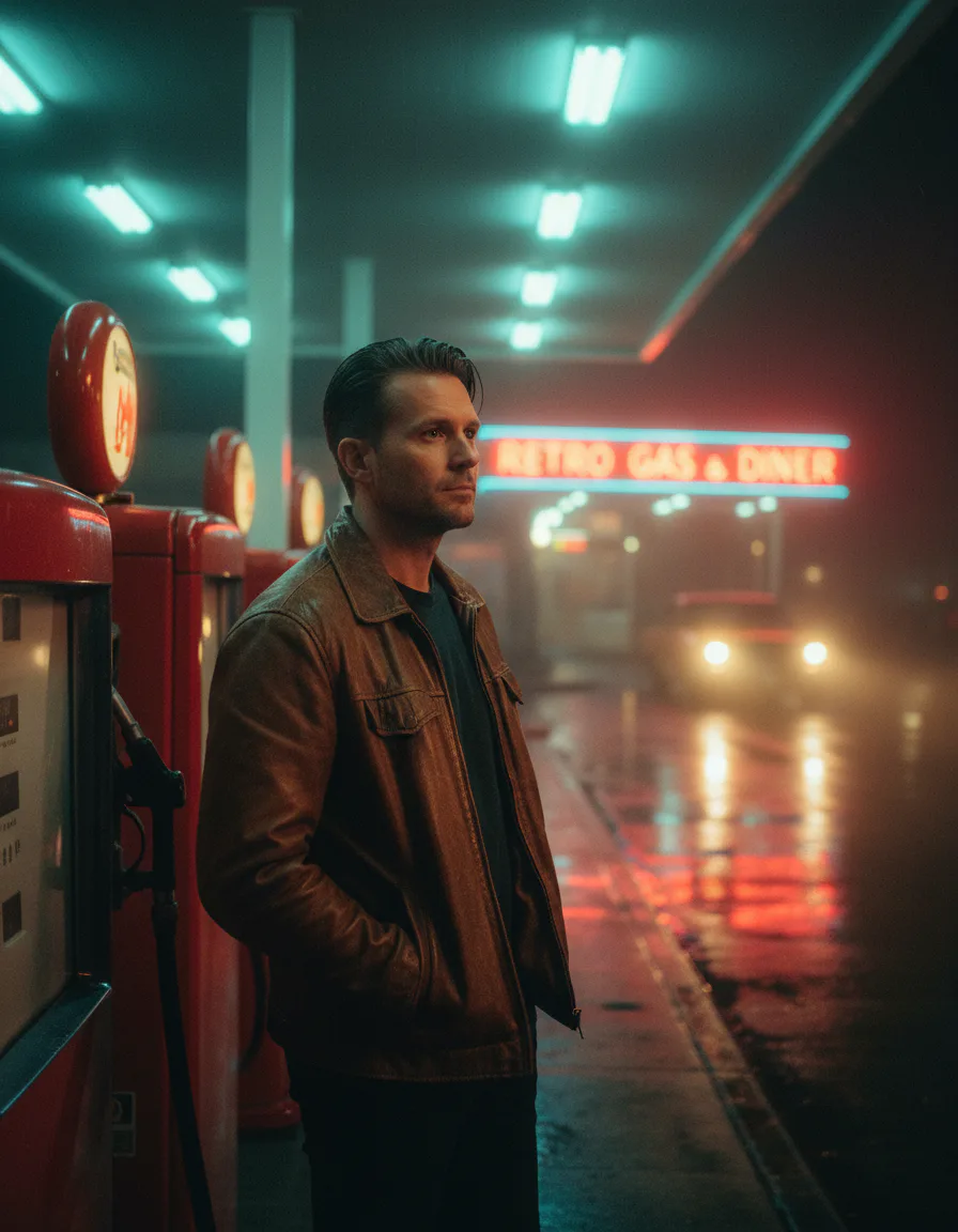 레트로 주유소에서 가죽 재킷을 입은 남성의 AI 생성 이미지