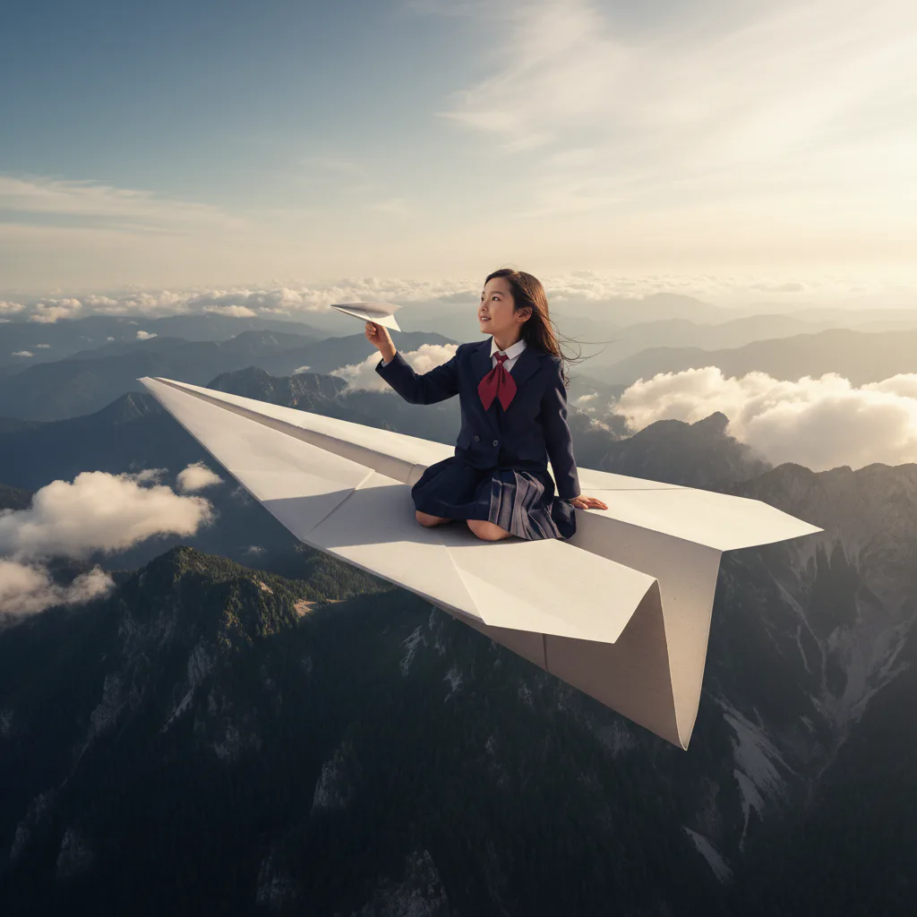 교복을 입은 소녀가 거대한 종이비행기 위에 앉아 산맥 위 하늘을 나는 초현실 포토 AI 생성 이미지