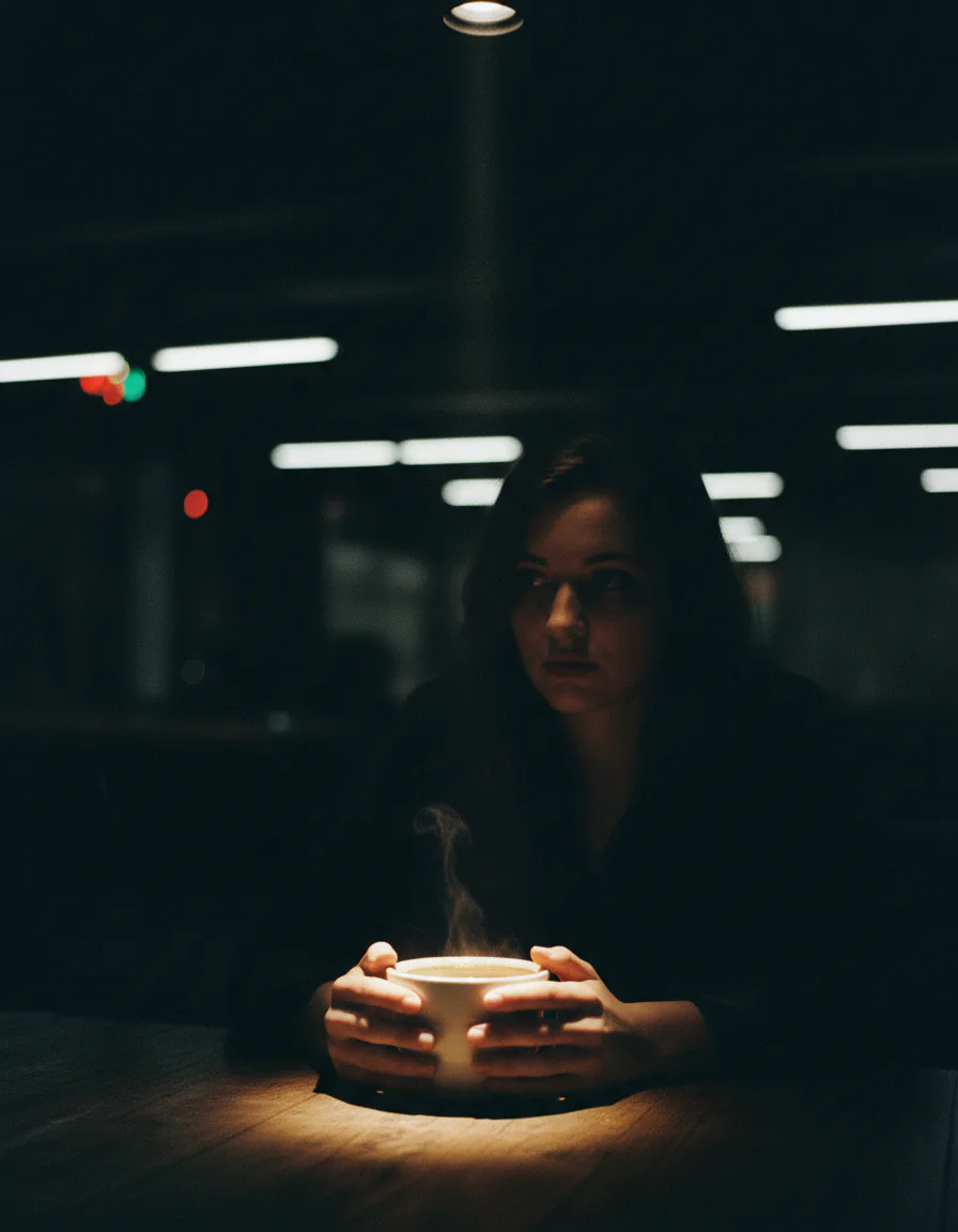 감성 카페 메뉴 무드 포토 AI 이미지 - 키아로스쿠로 탑라이트와 커피 수증기