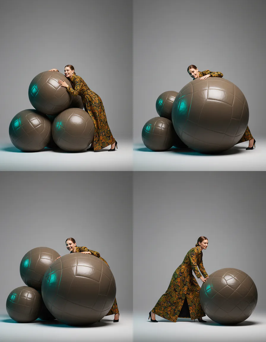 AI 초현실 패션 콜라주 프롬프트로 생성한 2x2 오브제 콜라주 &ndash; 퀼티드 레더 구체 클러스터 팝 에디토리얼