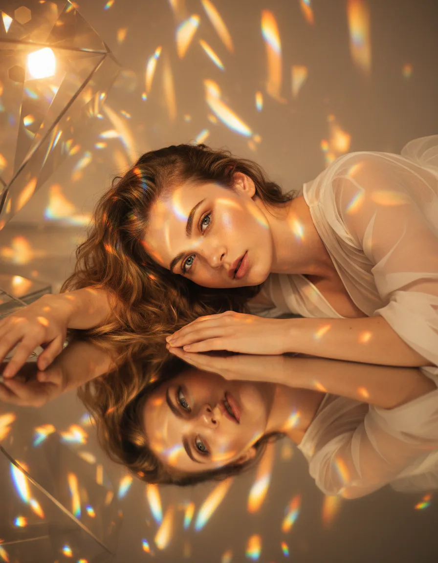 프리즘 빛으로 만드는 에디토리얼 화보 – AI 반사광 포트레이트 프롬프트 완벽 가이드