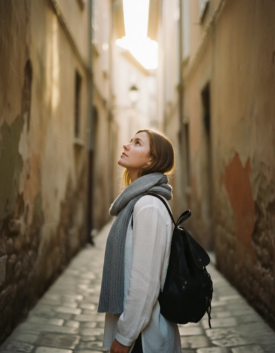 AI 시네마틱 여행 포트레이트 프롬프트로 만든 골든아워 유럽 골목 인물 사진
