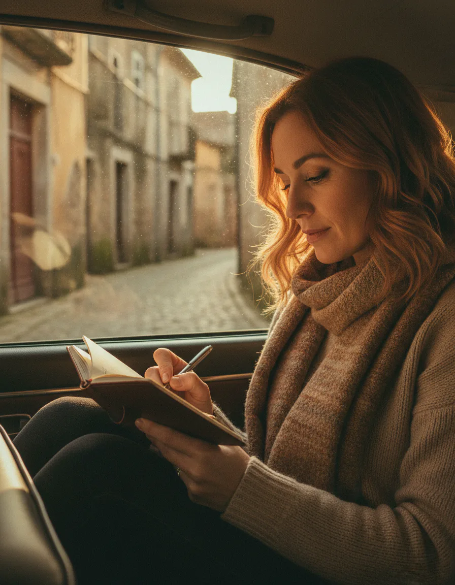 AI 시네마틱 여행 포트레이트 프롬프트 예시인 카페 브랜드 골든아워 장면