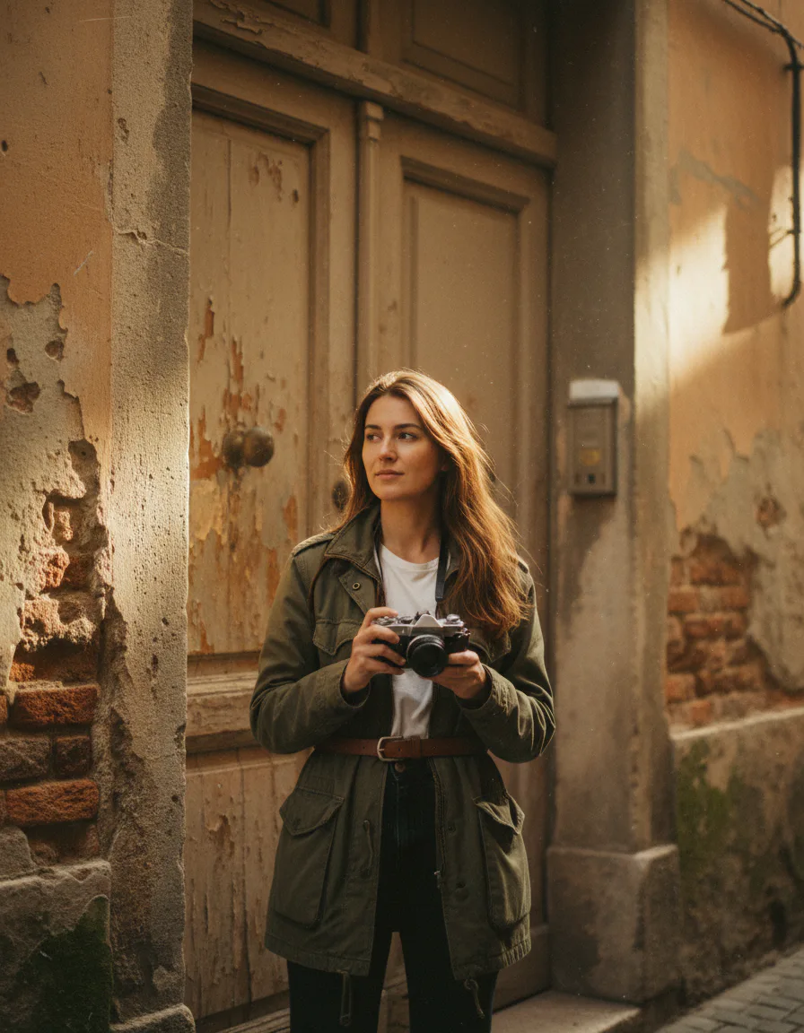 AI 시네마틱 여행 포트레이트 프롬프트 예시인 아웃도어 패션 룩북 이미지