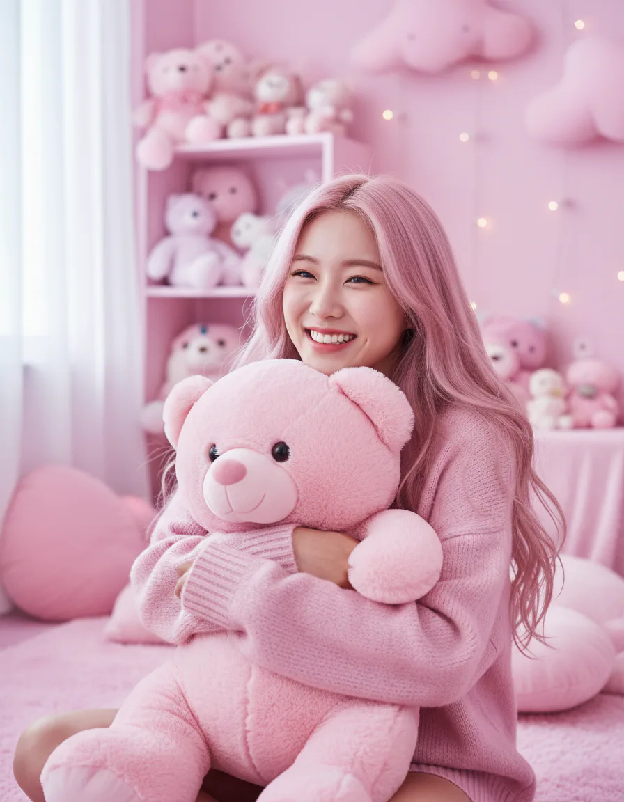 파스텔 핑크 테마룸에서 봉제인형을 안고 있는 AI 생성 캐릭터 포트레이트