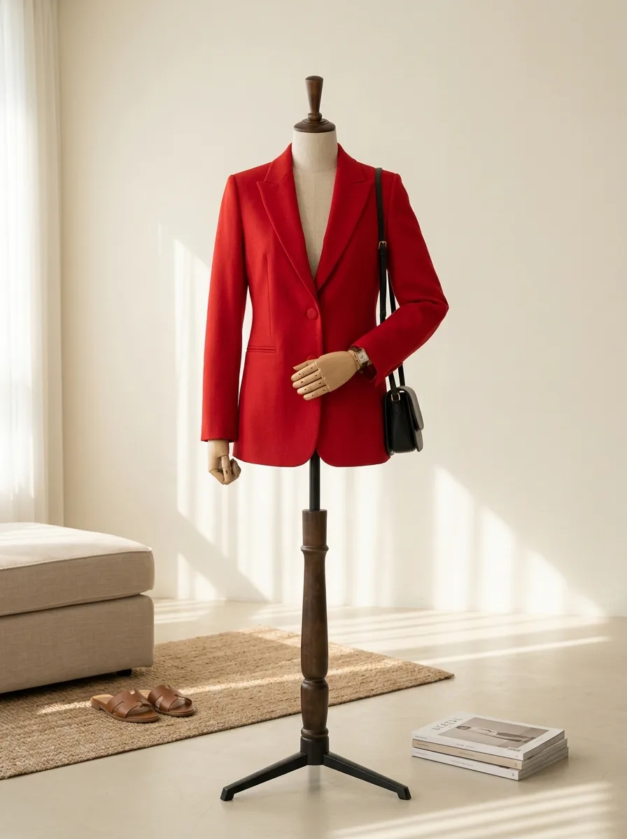 AI로 생성한 네이비 블레이저 드레스 폼 마네킹 스튜디오 상품 사진