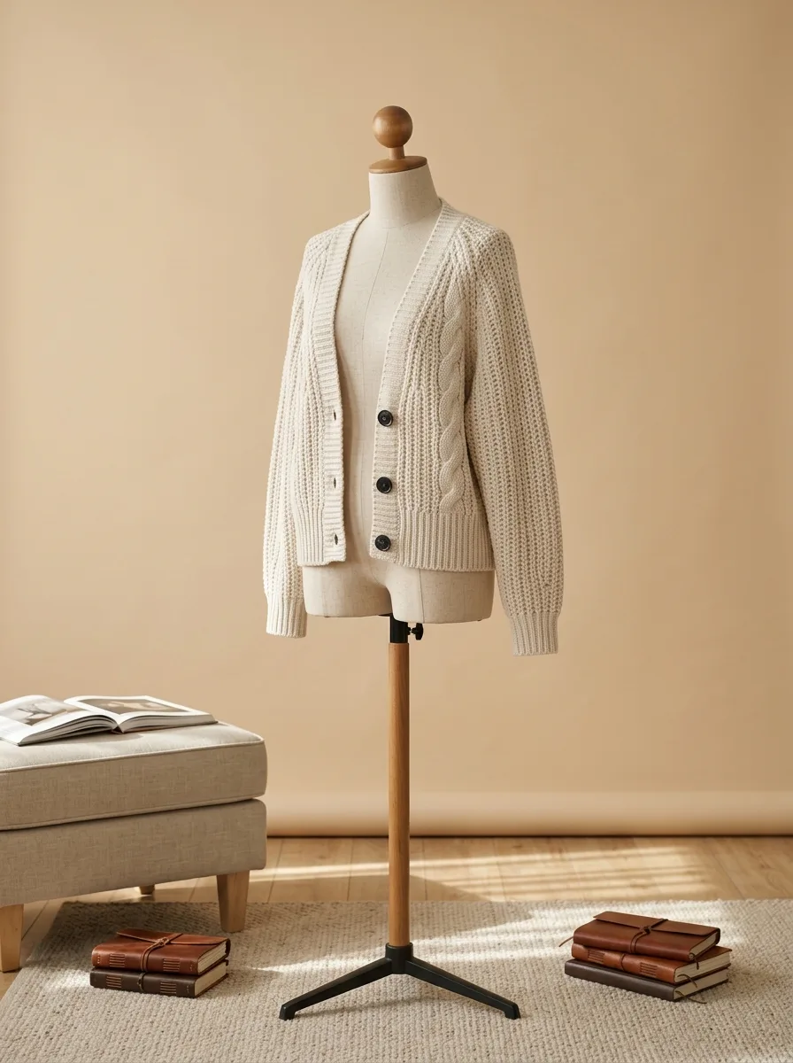 AI로 생성한 크림 케이블 니트 우드 아티스트 마네킹 스튜디오 상품 사진