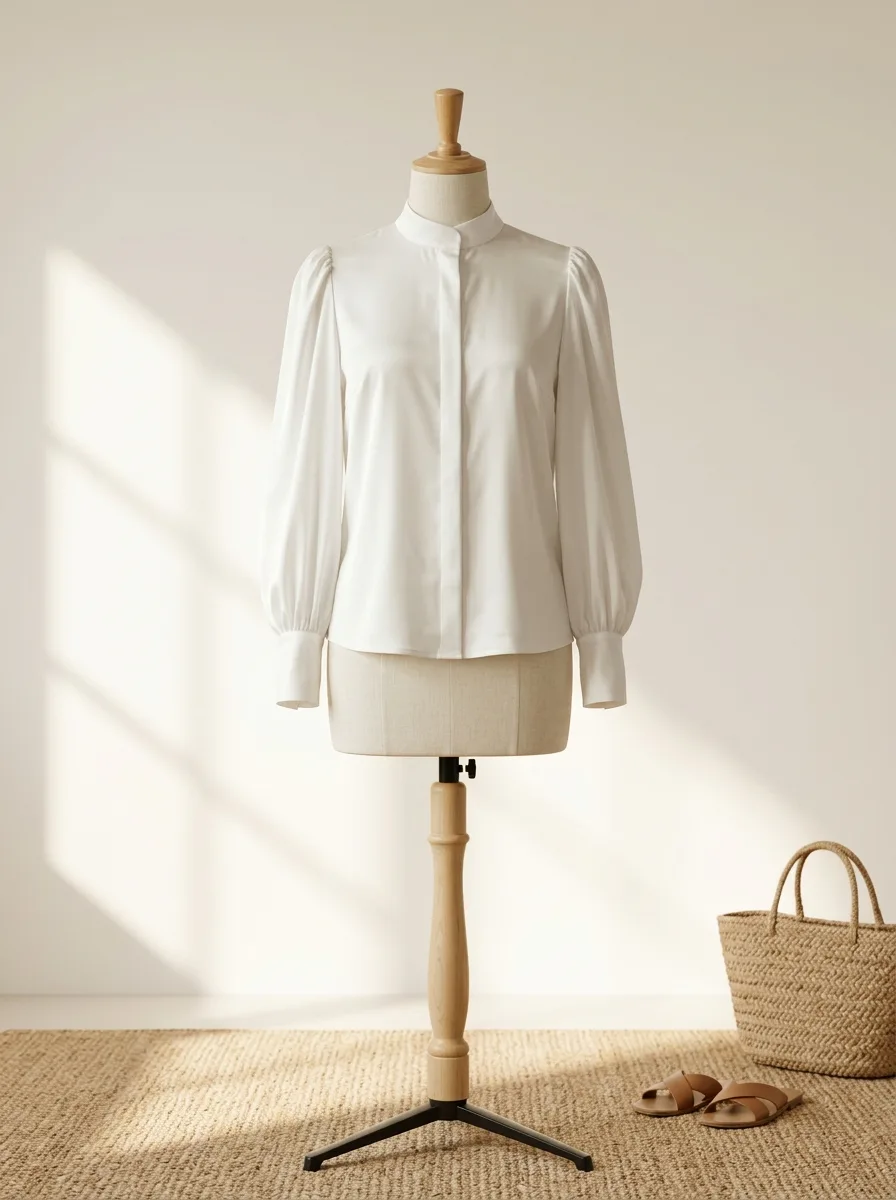 AI로 생성한 화이트 실크 블라우스 무헤드 마네킹 스튜디오 상품 사진