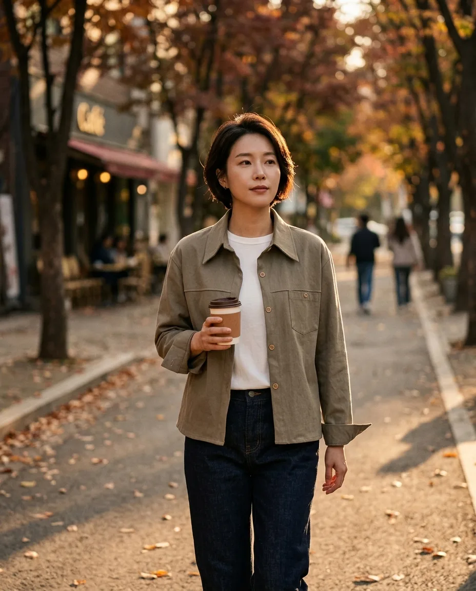 AI로 생성한 가로수길 코튼 셔츠 자켓 워킹샷 라이프 스타일 이미지