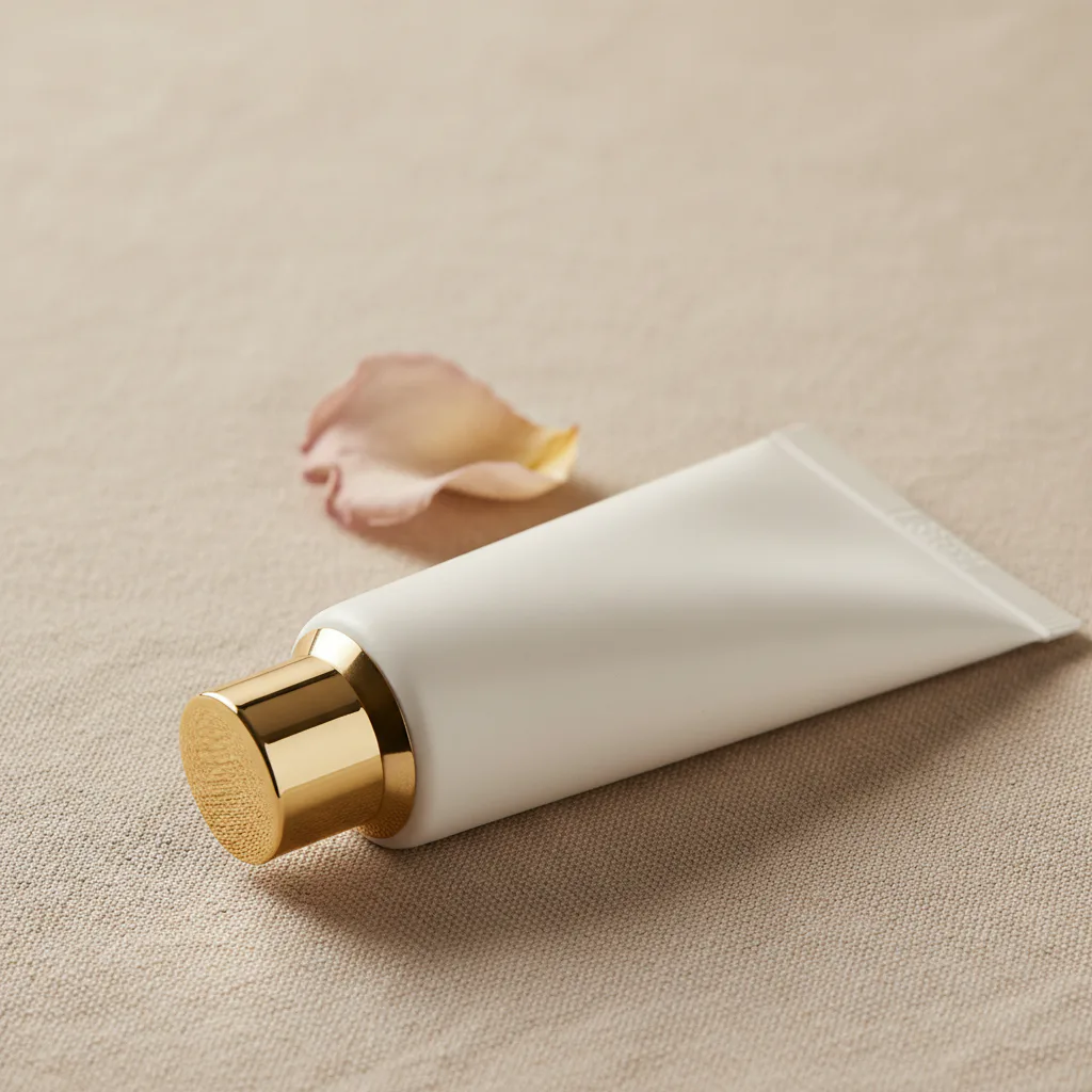 아이보리 세라믹 핸드크림 튜브, 골드 캡, 린넨 표면에 마른 꽃잎이 놓인 클래식 소프트박스 조명의 고급 뷰티 제품 사진