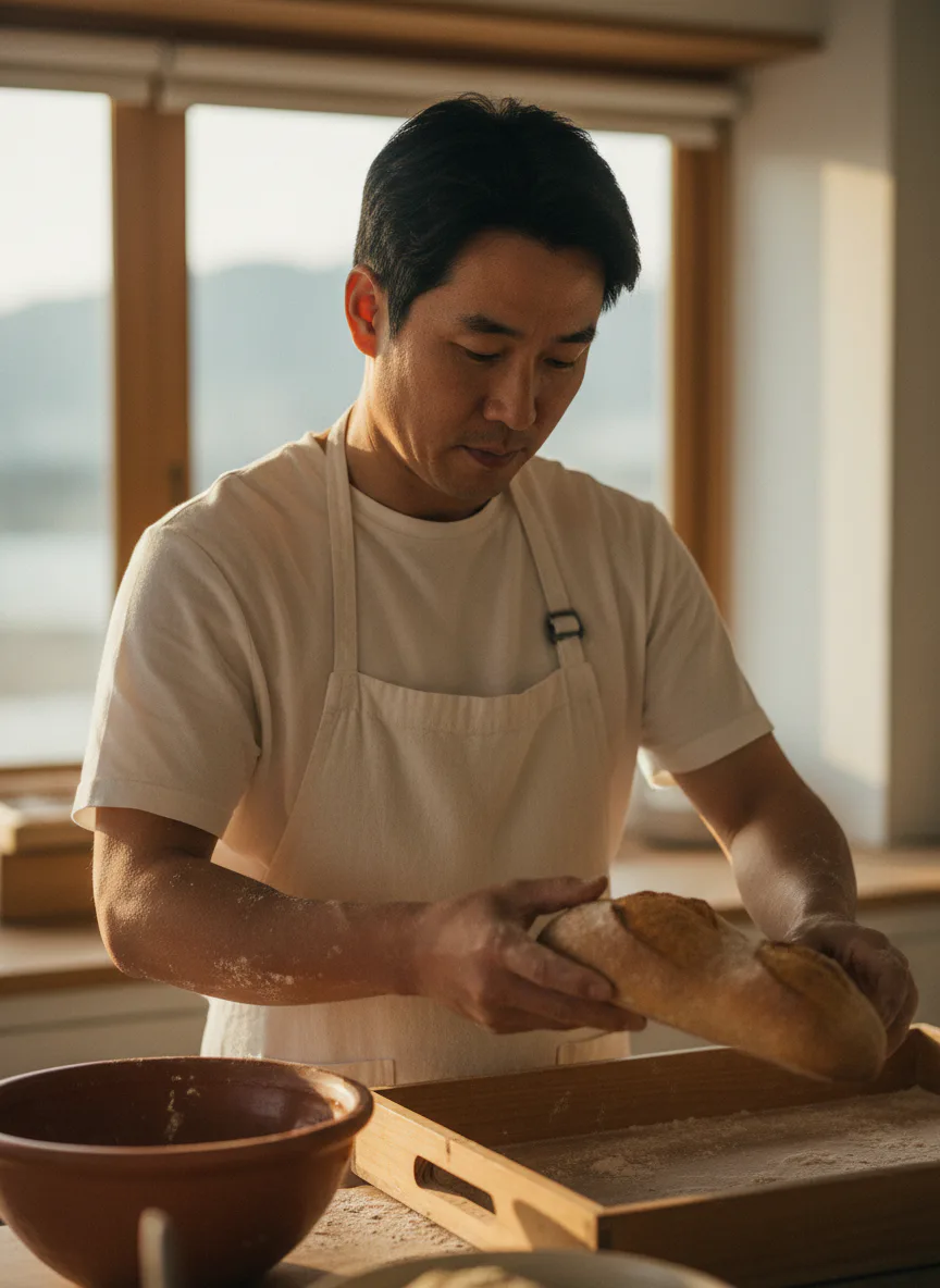 다큐멘터리 AI 인물 사진 프롬프트로 생성한 로컬 제빵사 창업자 프로필컷