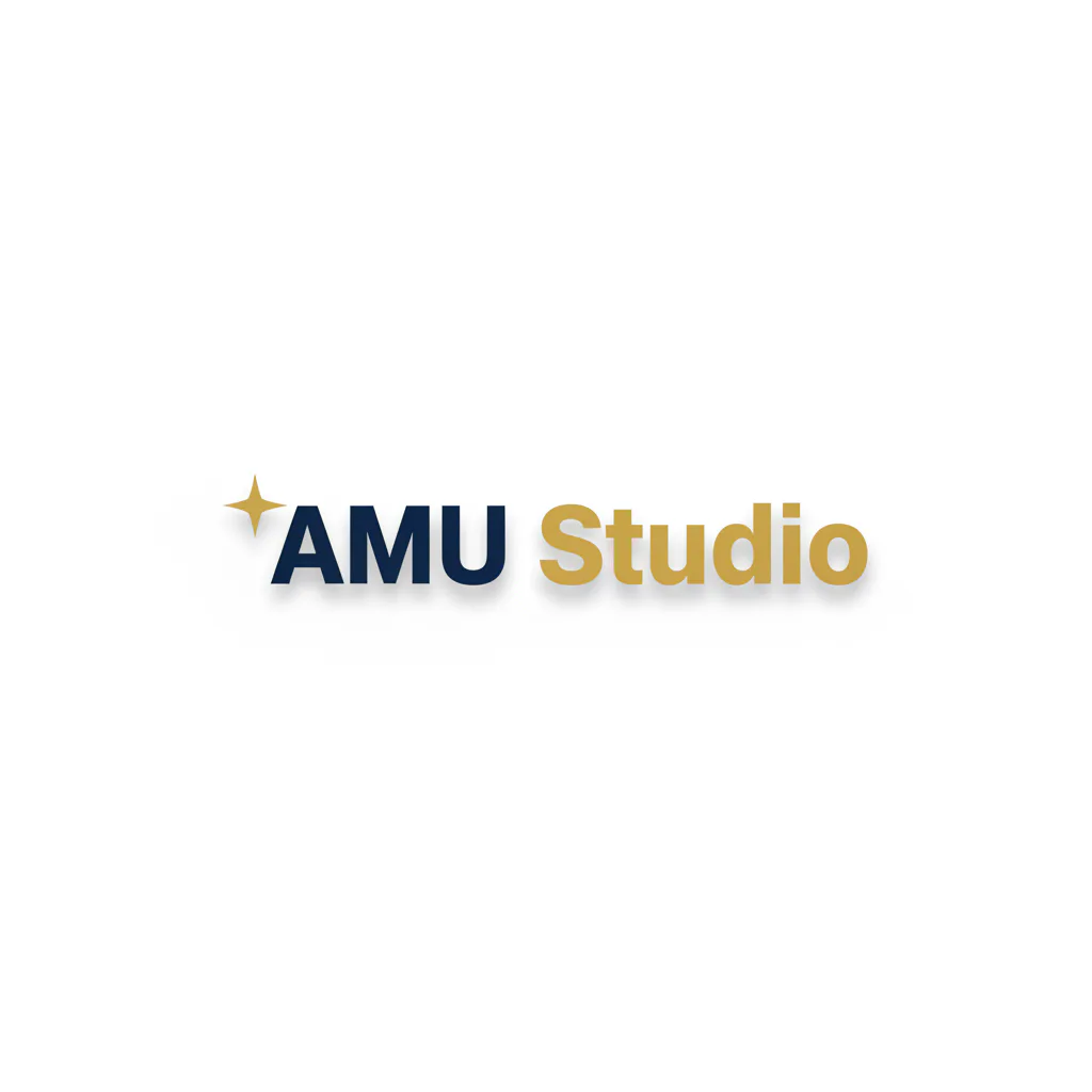네이비와 골드 컬러 팔레트로 구성된 AMU Studio 워드마크 로고, 별 아이콘이 통합된 모던 미니멀 디자인 예시