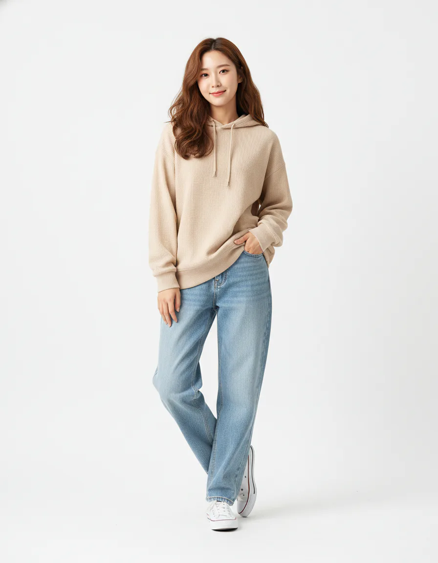 AI 이미지 프롬프트 스튜디오 캐주얼 모델컷 쇼핑몰 풀바디 예시 - 오버사이즈 후드티와 배기 데님