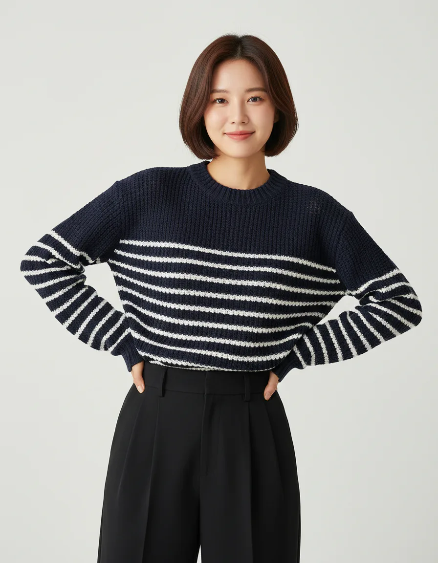 스튜디오 캐주얼 모델컷 AI 이미지 프롬프트 의류 브랜드 룩북 예시 - 스트라이프 니트와 블랙 와이드 팬츠