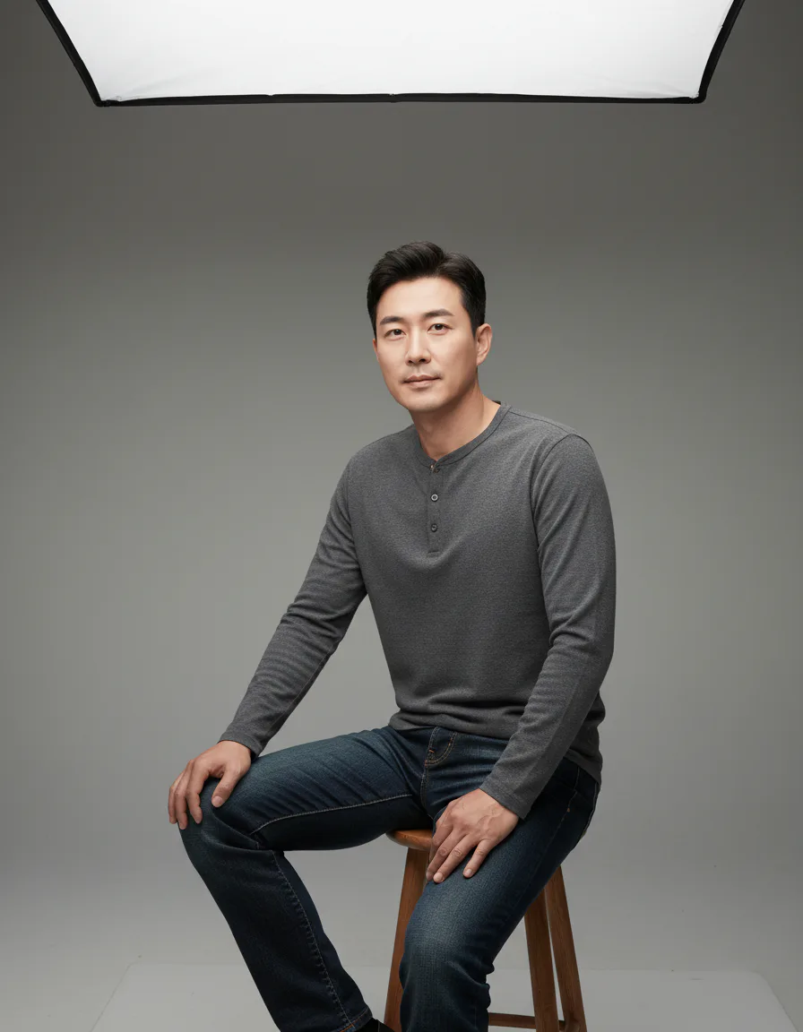 AI 이미지 프롬프트 스튜디오 캐주얼 모델컷 1인 셀러 제품 착용컷 예시 - 헨리넥 티셔츠와 데님