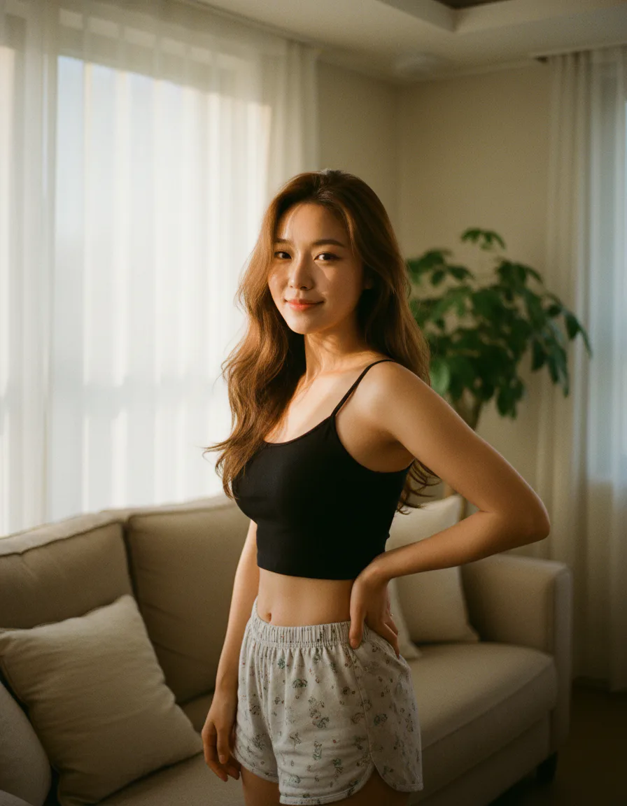 따뜻한 골든아워 자연광이 드는 거실에서 편안한 홈웨어 차림의 여성 라이프스타일 포트레이트