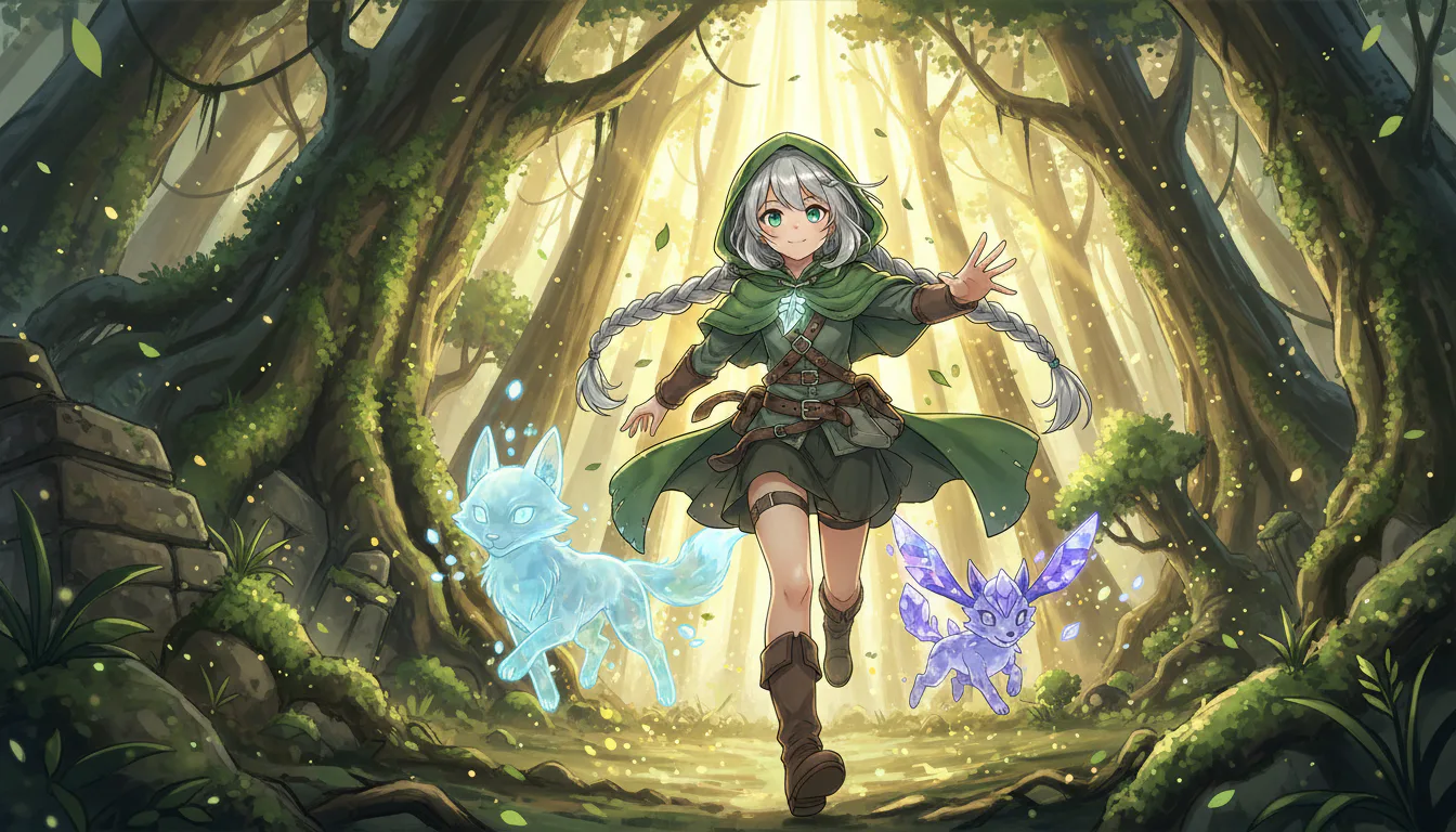 판타지 숲 속 거대한 고목 사이를 달리는 은발 모험가 소녀와 동행 크리처들의 21:9 키비주얼