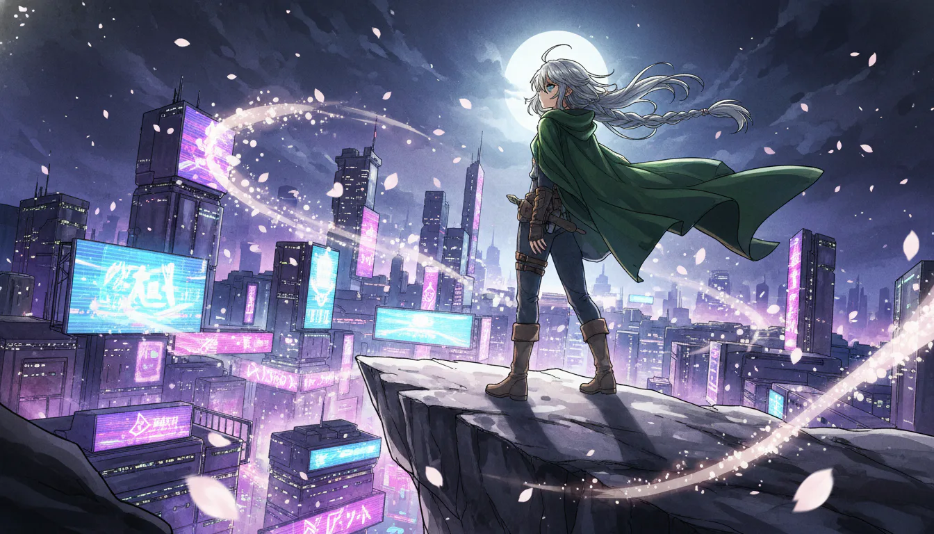 동일한 은발 모험가 캐릭터가 네온 사이버펑크 도시 절벽에 서있는 21:9 키비주얼