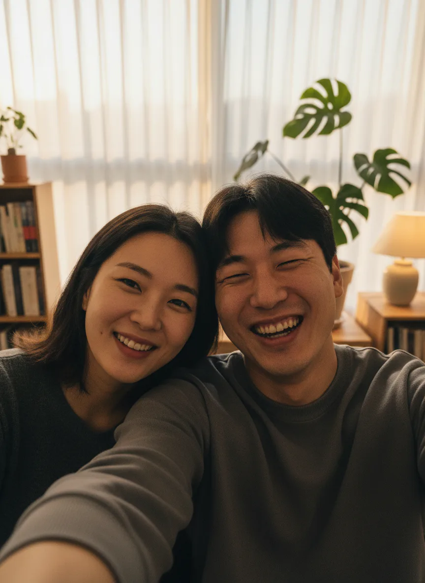 투샷 셀피 AI 이미지 프롬프트로 생성한 친구 두 사람의 자연광 셀피 포트레이트