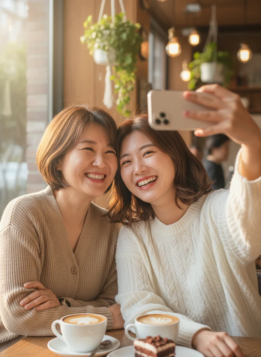 엄마와 딸의 카페 셀피 AI 생성 이미지