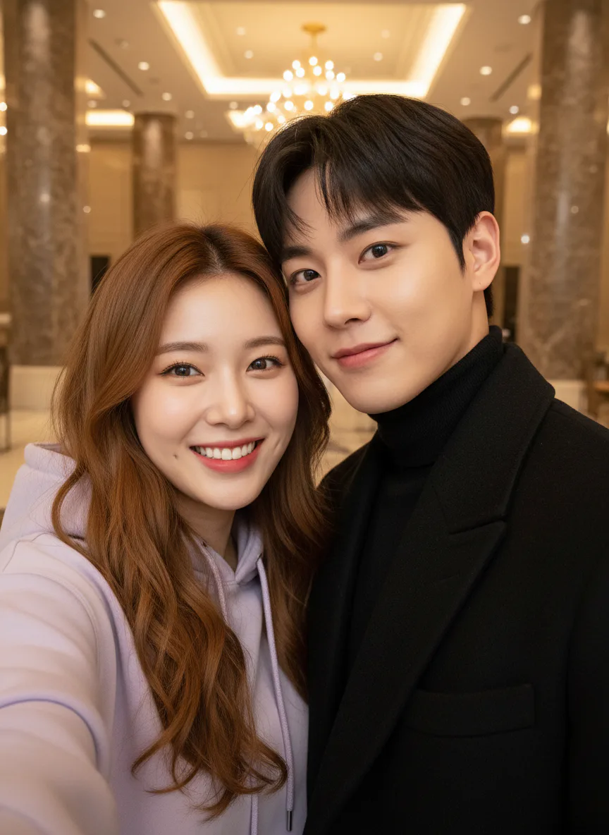 팬과 아이돌 콘셉트 호텔 로비 투샷 셀피 AI 생성 이미지