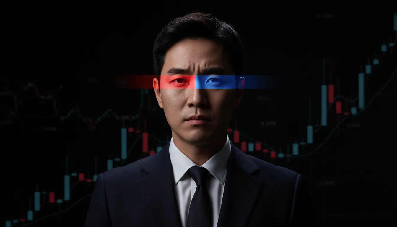 과잉반응 시대 감정 조절을 연습하는 투자자, 컬러 밴드 조명 시네마틱 포트레이트