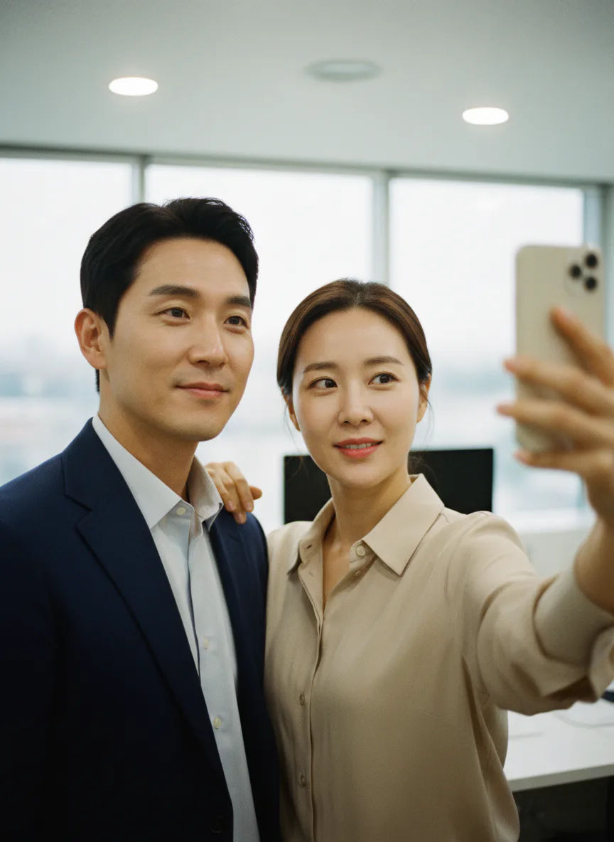동료 두 사람의 사무실 셀피 AI 생성 이미지