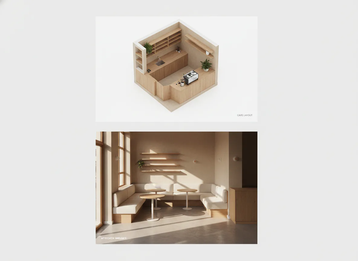 아이소메트릭 돌하우스 카페 렌더와 따뜻한 좌석 공간 컷을 묶은 인테리어 3D 렌더 AI 프롬프트 카페 제안 예시