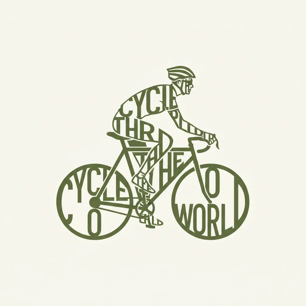 CYCLE THE WORLD 글자로 구성된 자전거 라이더 형태의 타이포그래피 일러스트 AI 프롬프트 빈티지 클럽 마크 예시