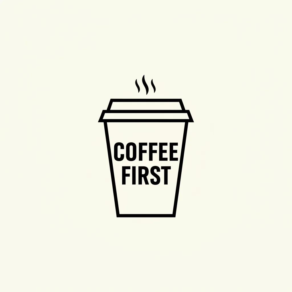 COFFEE FIRST 글자가 채워진 테이크아웃 컵 형태의 타이포그래피 일러스트 AI 프롬프트 카페 굿즈 예시